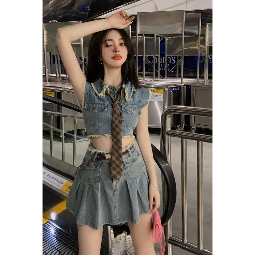 JSC Set Áo Váy Denim Chữ a Lưng Cao Phong Cách Hong Kong Thời Trang Mùa Hè Hàng Mới Dành Cho Bạn Nữ