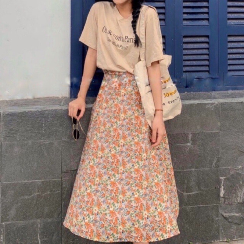 SET Áo thun tay ngắn + Chân váy chữ A suông midi hoa ulzzang du lịch công sở vintage