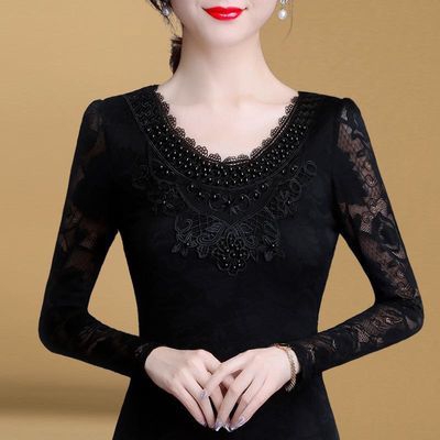 Autumn Winter Women Slim V-neck Long-sleeved Lace Bottoming Large Size fashion Shirt