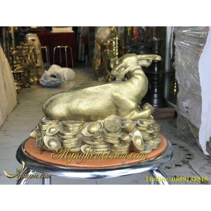 Tượng trâu bằng đồng nằm trên tiền phong thủy dài 17cm trong bộ 12 con giáp