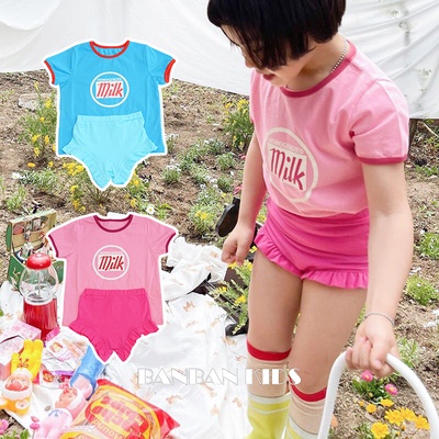Bộ Đồ Bơi Hai Mảnh Áo Thun Cổ Tròn Tay Ngắn In Chữ + Quần Short Viền Ren Dễ Thương Phong Cách Hàn Quốc Cho Bé Gái