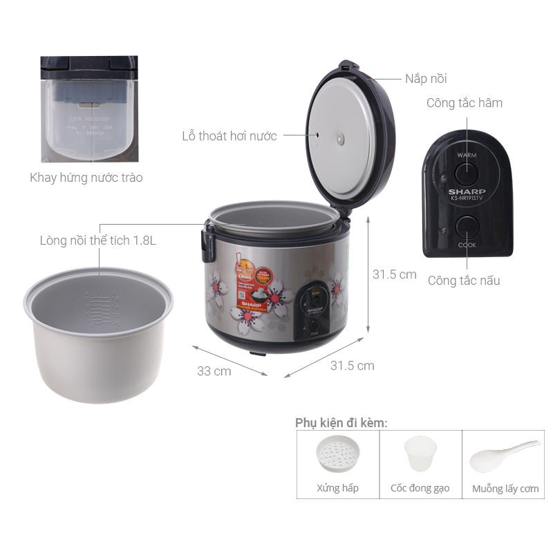 Nồi cơm điện Sharp 1.8 lít KS-NR191STV