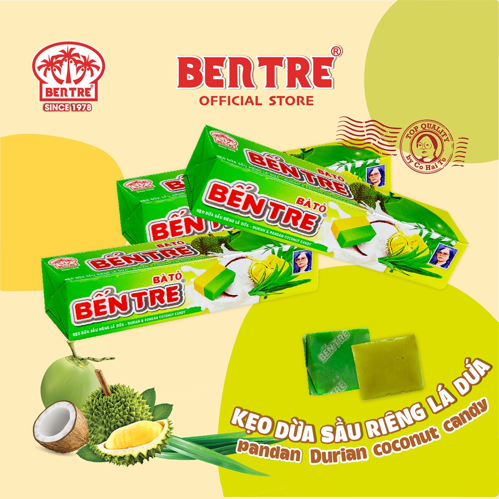 Kẹo dừa Bến Tre Hai Tỏ vị Sầu riêng Lá dứa 150g, Ăn vặt Tuổi thơ Ngon, Bổ, Rẻ
