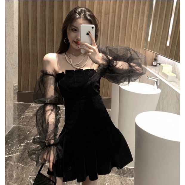 Váy đầm nữ dáng xòe tay lưới dài Đầm xòe trễ vai xinh xắn chất liệu Umi | BigBuy360 - bigbuy360.vn