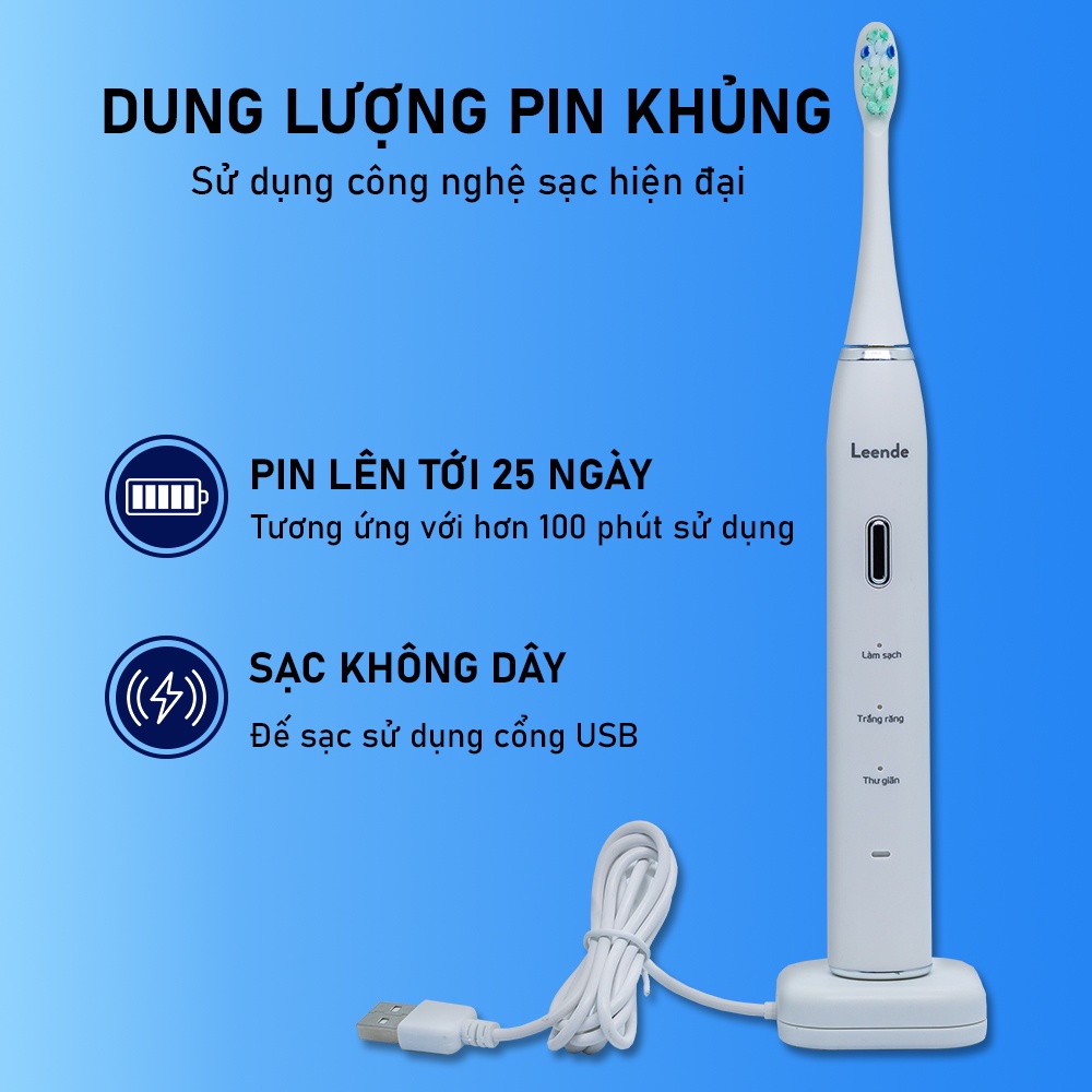 Bàn chải điện Leende V100 sóng âm, bàn chải đánh răng sạc từ tính đánh bay mảng bám