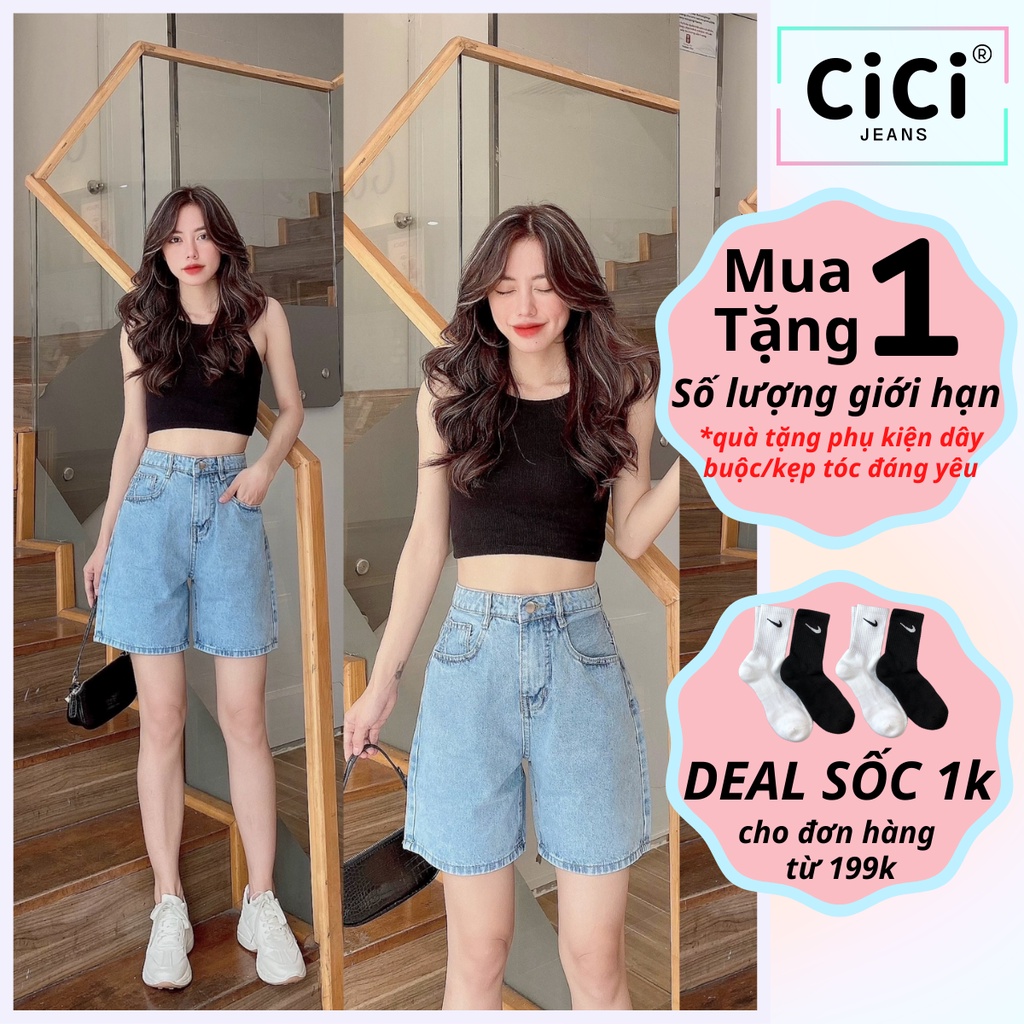 Quần Short Jean Ngố Nữ CiCi, Quần Short Ống Rộng Lưng Cao Nắp Túi Basic Chất Bò Phong Cách Ulzzang- CiCi Jeans