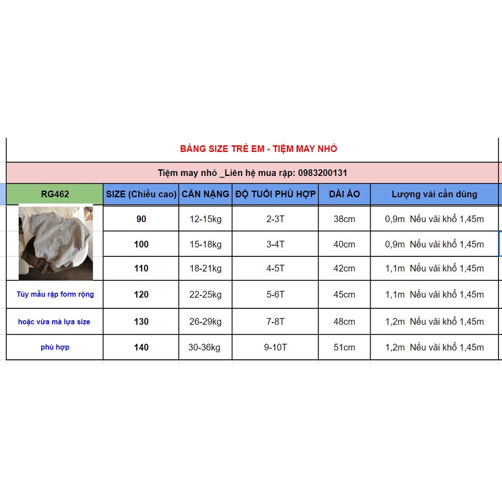 RG462_Rập giấy may áo tay liền trẻ em