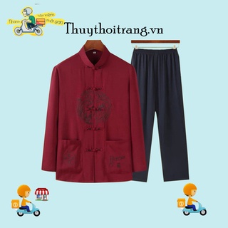 Bộ đũi nam trung niên, set bộ nam cổ tàu chất đũi tự nhiên 100%