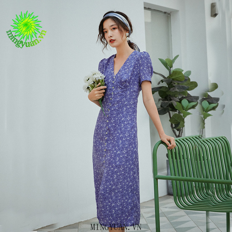 ( Mingyuan ) New retro green flower v-neck puff sleeve chiffon long dress