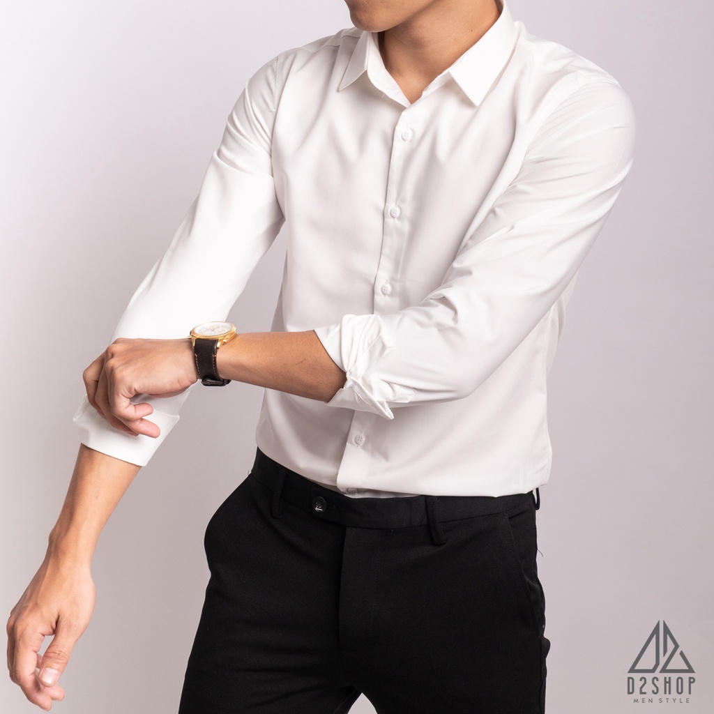 Áo sơ mi nam D2shop, áo sơ mi nam dài tay vải lụa, tay dài, 2 màu trắng đen