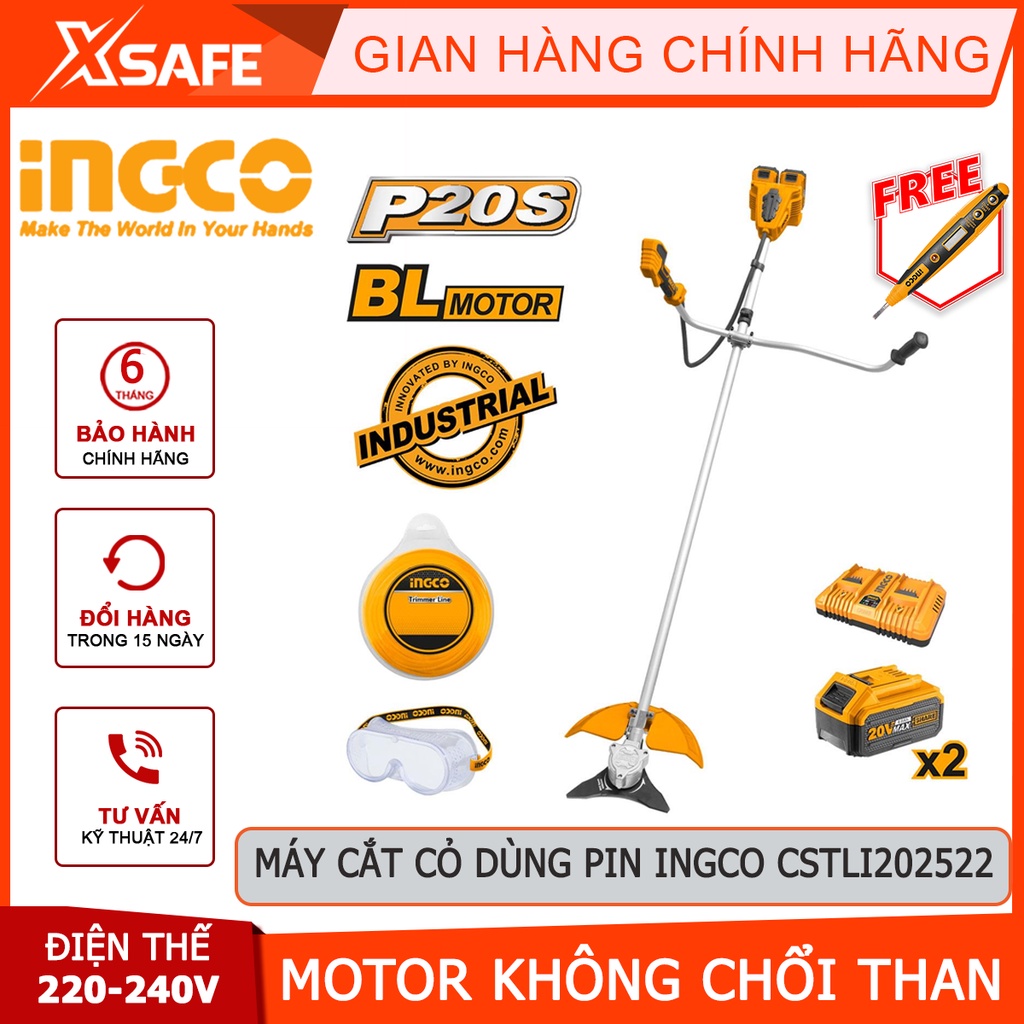 Máy cắt cỏ dùng pin INGCO CSTLI202522 Máy cắt tỉa mô tơ không chổi than, điện thế 40V, kèm 2 pin 4.0Ah, 1 sạc đôi nhanh