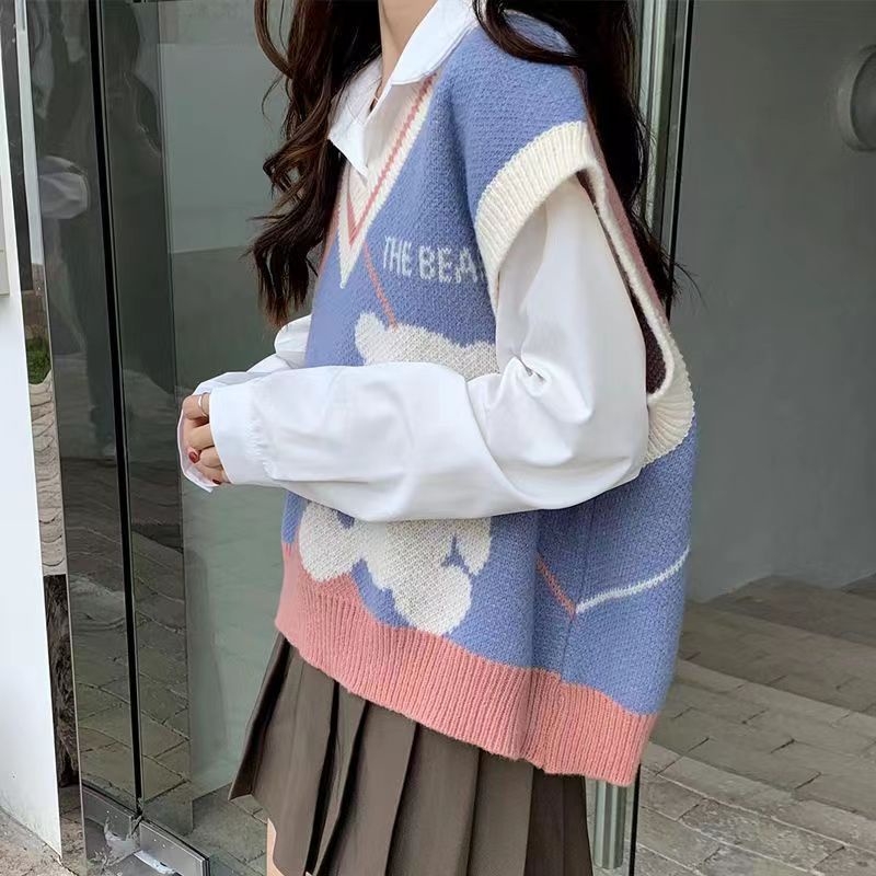Áo Sweater Dệt Kim Không Tay Cổ Chữ V Phong Cách Nhật Bản Thời Trang Xuân Thu Dành Cho Nữ