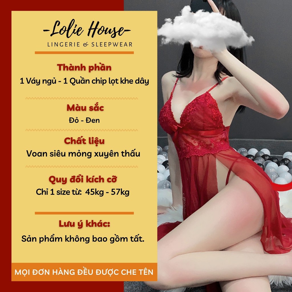 Váy ngủ 2 dây xẻ tà sexy - Đầm ngủ hai dây ren quyến rũ gợi cảm nâng ngực LOLIE HOUSE - VN3