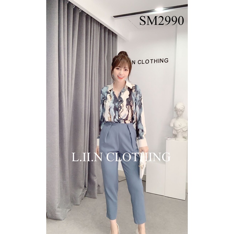 Quần baggy nữ LIIN CLOTHING màu xanh phối cúc bọc, thanh lịch, sang trọng Q3351