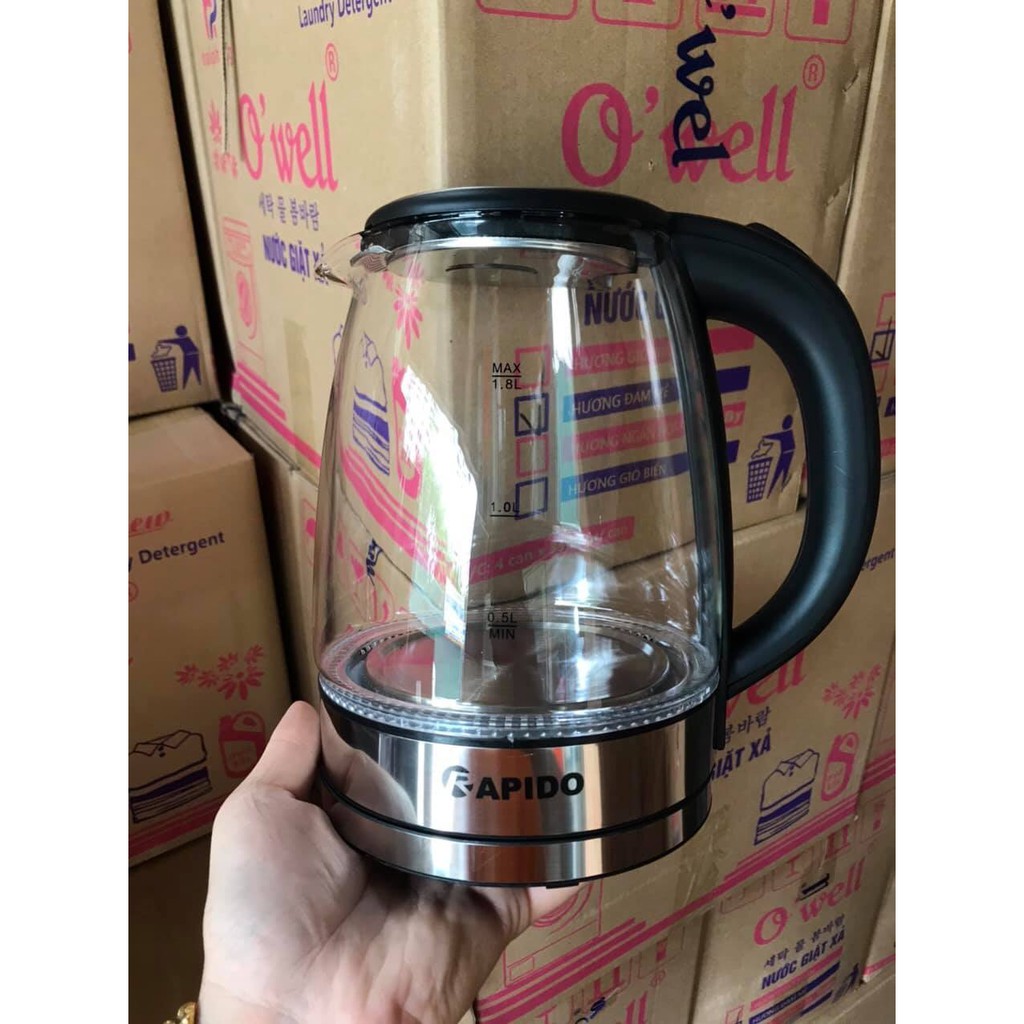 [HÀNG CHÍNH HÃNG] Ấm siêu tốc thuỷ tinh Rapido model 2019 RK1818 1,8L