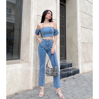 Set jean quần dài +áo trễ vai