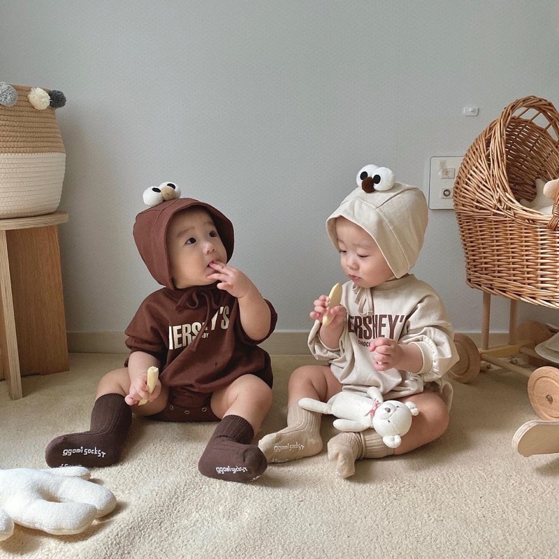 Romper kèm mũ HERSHEY chất cotton nỉ - Body kèm mũ nỉ cho bé