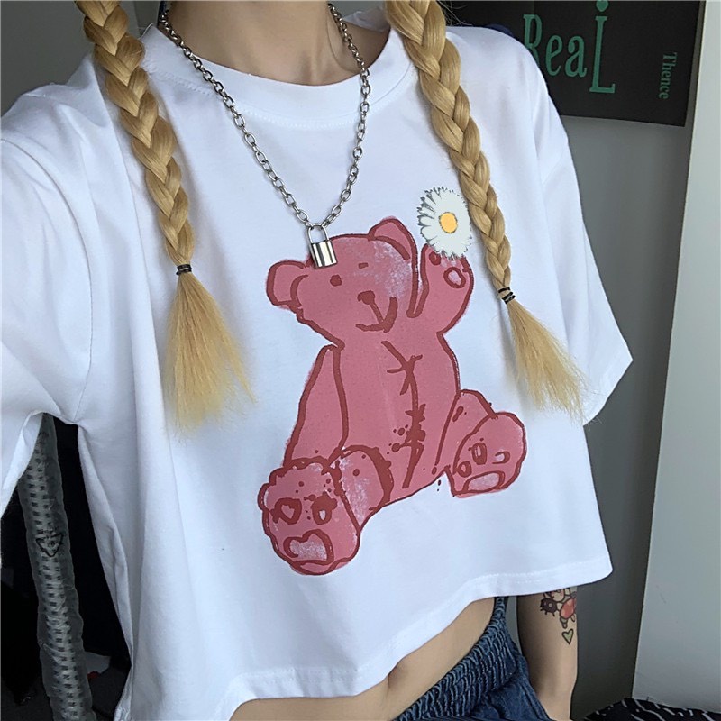Áo thun nữ Croptop in hình gấu bông, form rộng, vải cotton dày dặn,co giãn 4 chiều, thấm hút mồ hôi siêu thoáng mát