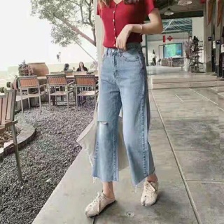 Baggy Jeans Ống Rộng Rách 1 Bên