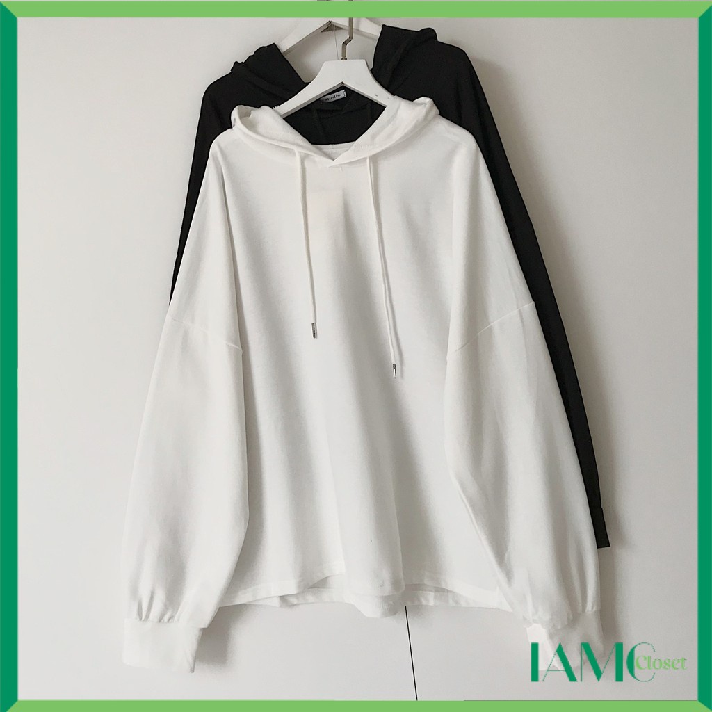 Áo hoodie có mũ và dây rút trơn form rộng Hàn Quốc AKI - 10123  IAMC.Closet