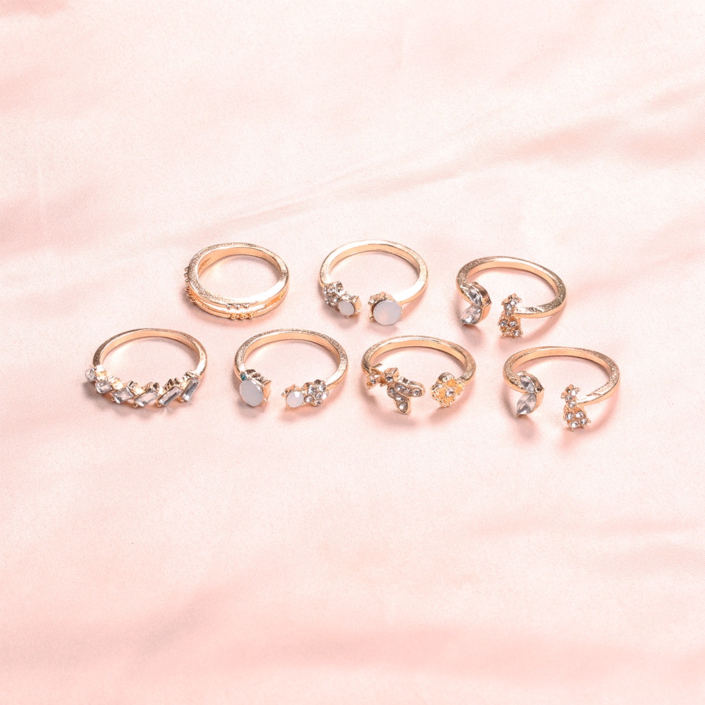 Set 7 nhẫn đính đá mặt hình bướm và hoa bằng hợp kim màu vàng phong cách thanh lịch vintage cho nữ