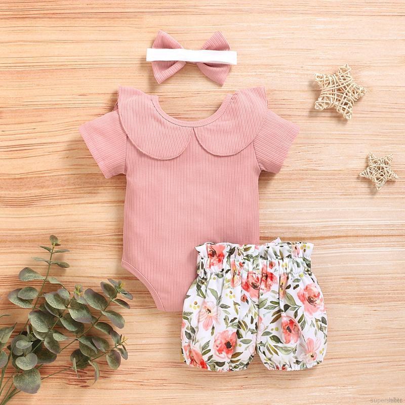 Bộ Áo Liền Quần + Quần Short In Hoa Đáng Yêu Cho Bé Gái