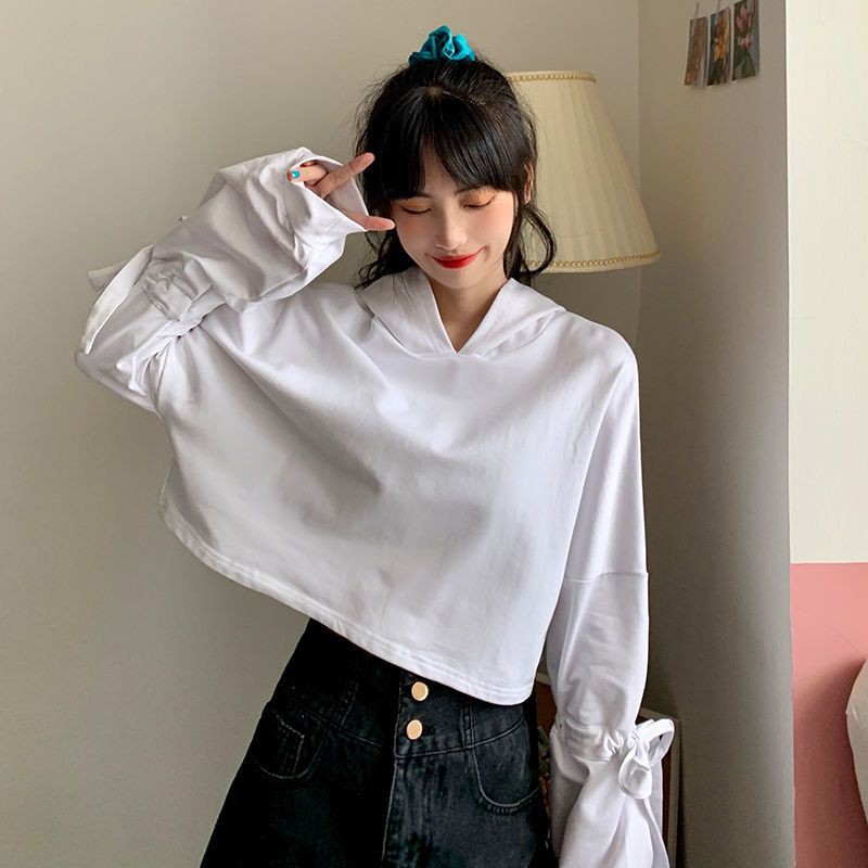 [Order] Áo hoodie thun croptop dài tay thắt nơ ulzzang