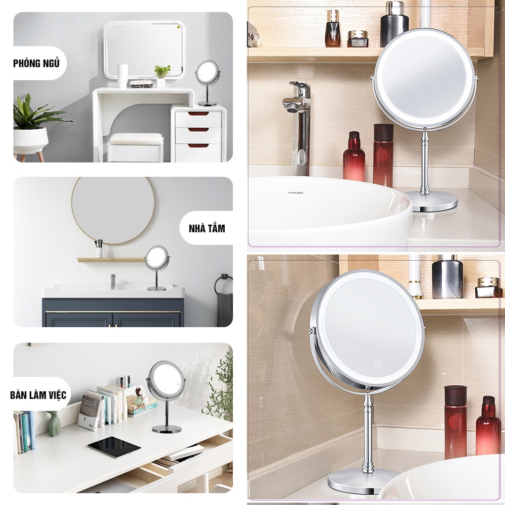 Gương trang điểm đèn LED Roman cảm ứng để bàn phóng đại x3, xoay 360 độ 2 mặt Minh House