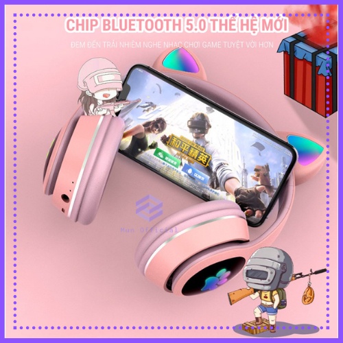 Tai Nghe Bluetooth Chụp Tai Mèo Phát Sáng Siêu Cute Có Mic GAMING Có Khe Cắm Thẻ Nhớ, Jack 3.5mm