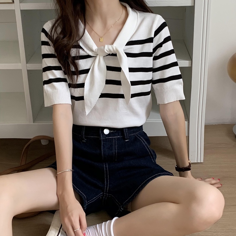 Áo Thun Dệt Kim Ngắn Tay Cổ Thủy Thủ Họa Tiết Kẻ Sọc Màu Sắc Ngọt Ngào Phong Cách Hàn Quốc Thời Trang Mùa Hè Cho Nữ