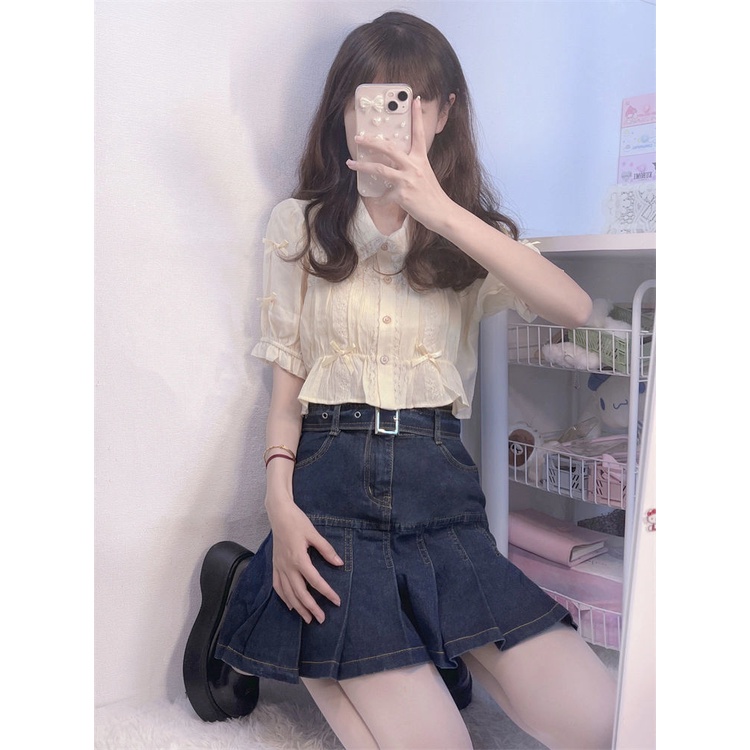 Jiashucheng Chân Váy Denim Chữ a Xếp Ly Lưng Cao Thời Trang Mùa Hè Cho Nữ