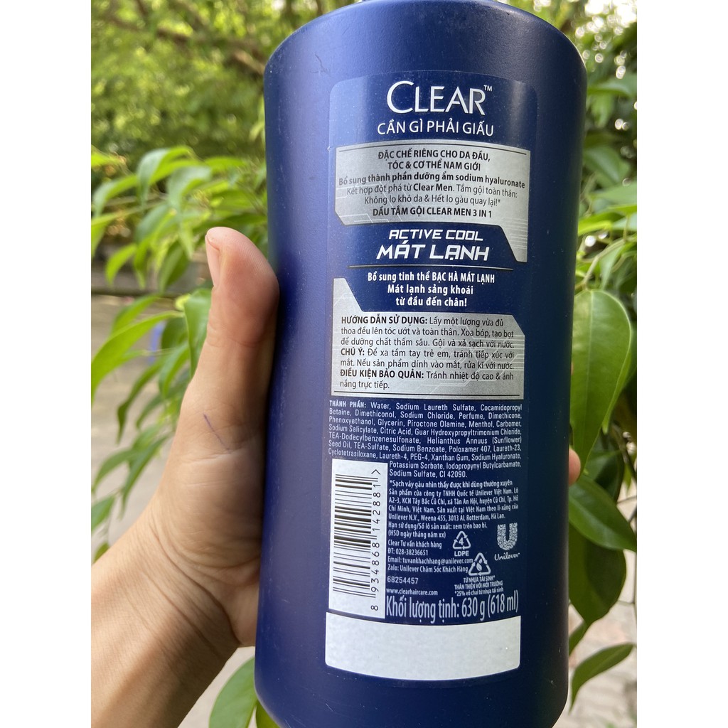 DẦU TẮM GỘI TOÀN THÂN CLEAR MEN 3 IN 1 ACTIVE COOL MÁT LẠNH 630G