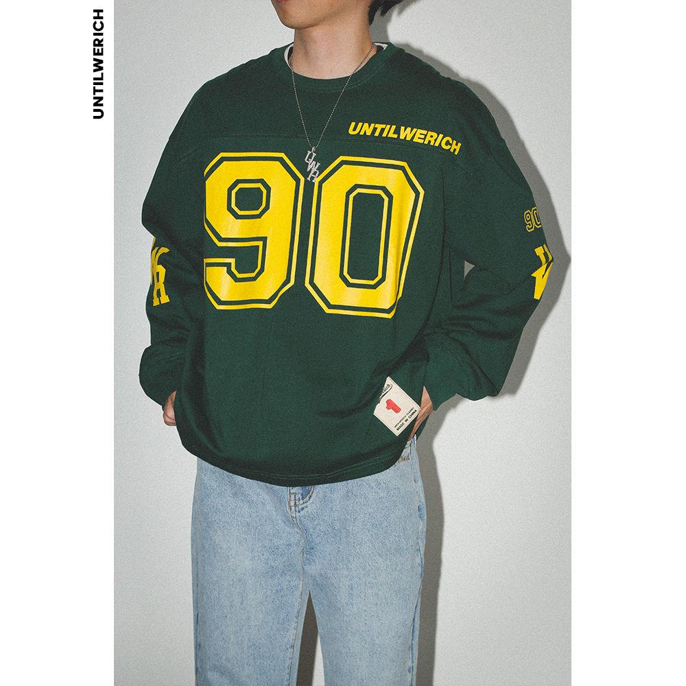 Áo Thun Tay Dài Chui Đầu Dáng Rộng In Số 90 Thời Trang Mùa Xuân Phong Cách Retro Mỹ