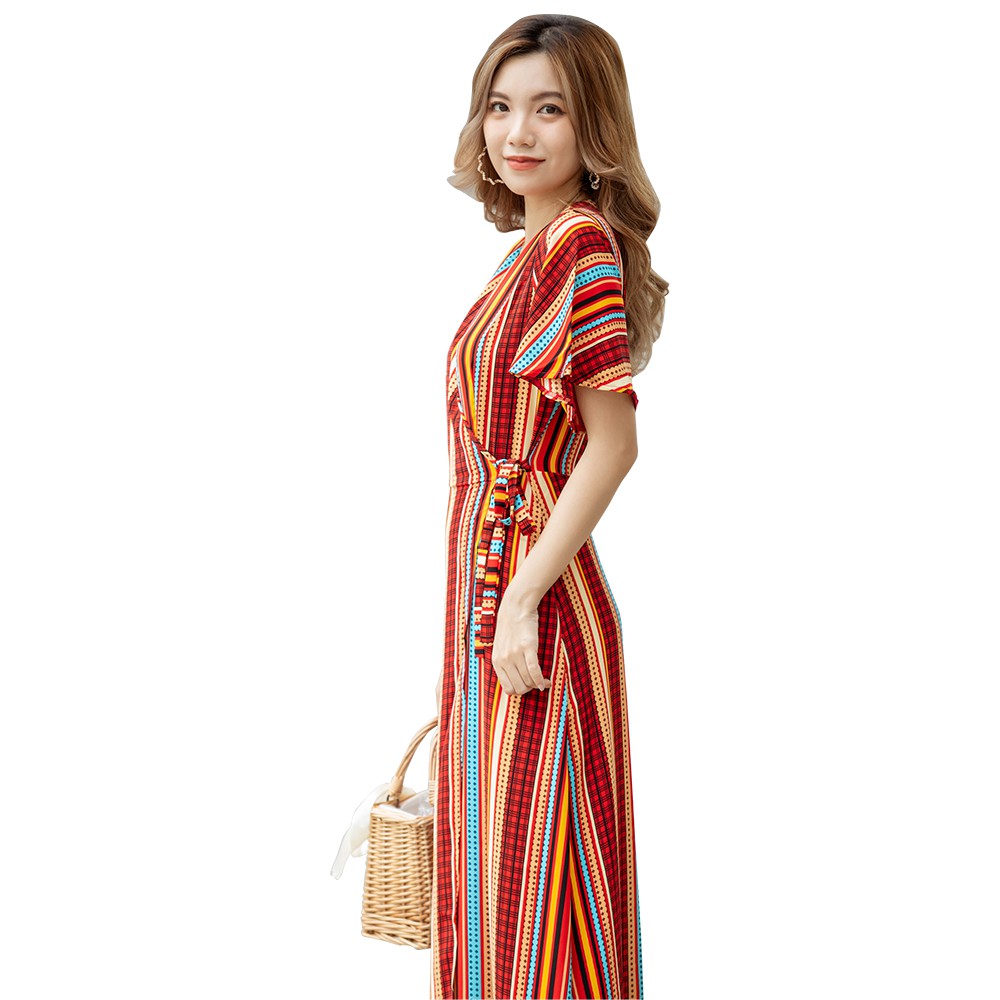 Váy Maxi Nữ Đi Biển Vải Lụa Sọc Nhiều Màu 46-58 kg - MEEJENA - 3834