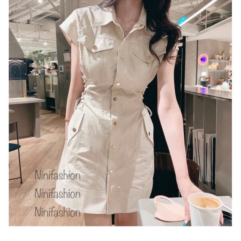 / ORDER kèm ảnh thật / Váy kaki liền dài sát nách kiểu dáng sơ mi thắt eo