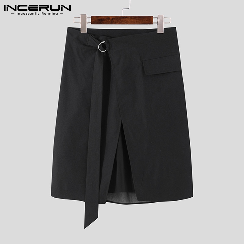 Chân váy INCERUN dài tới gối lưng cao phối dây thắt thời trang màu đen cho nam
