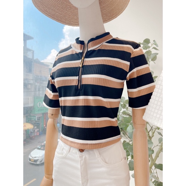 Áo croptop thun thiết kế sọc ngang khóa đồng MIEU - JMR03