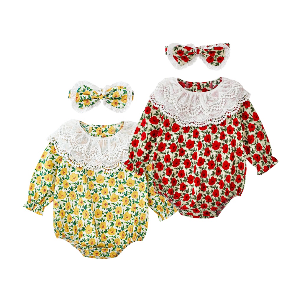 Bộ áo liền quần SANLUTOZ tay dài chất cotton phối ren hoa kèm băng đô cài tóc thời trang mùa