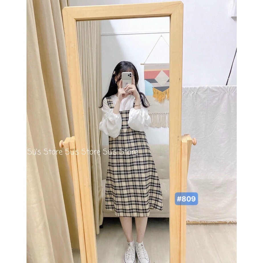 Set Yếm Kẻ Caro Áo Chun Tay Bồng Phối Yếm Dáng Rộng Unisex Thời Trang Hàn Quốc | BigBuy360 - bigbuy360.vn