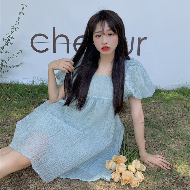 Đầm chiffon ZHELIHANGFEI tay ngắn màu đơn sắc phong cách mới thời trang cho nữ