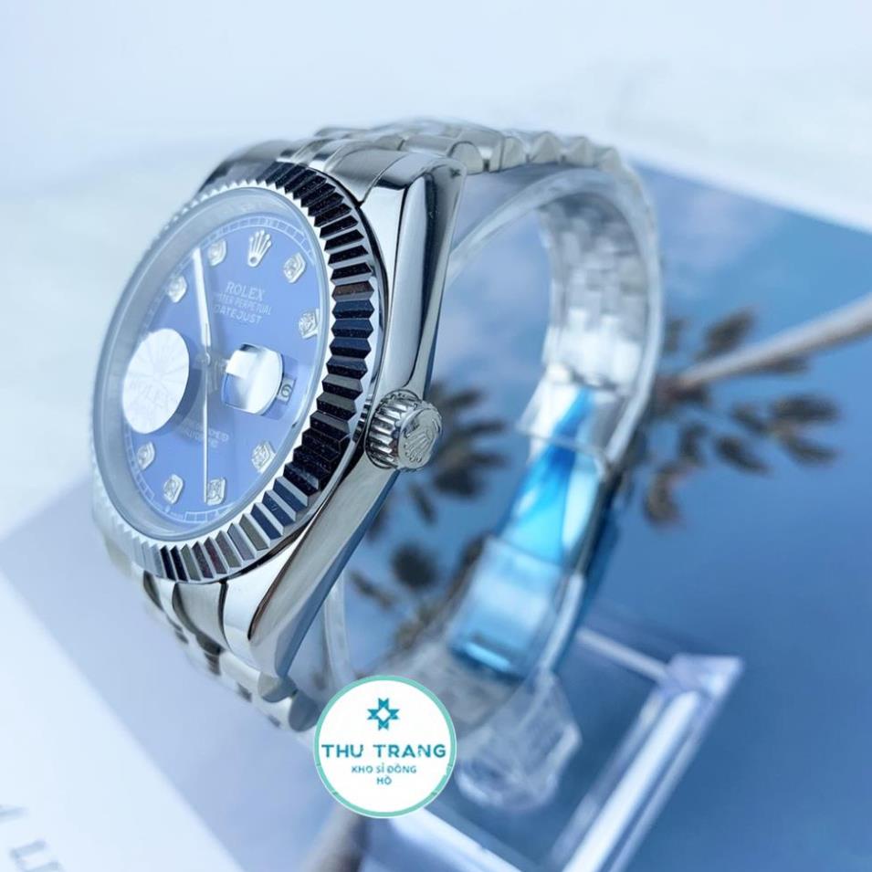 Đồng hồ Nam Rolex máy nhật, mẫu classic, mặt xanh viền trắng đính đá, dây kim loại, dòng cơ Automatic size 39mm-40mm
