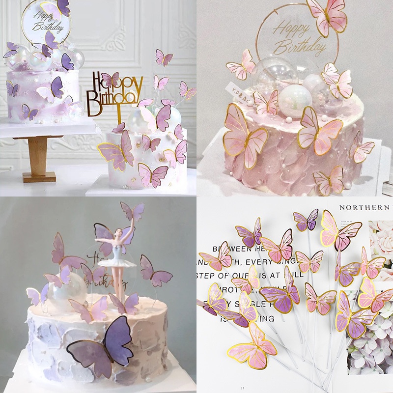 Set 10 Bươm Bướm Màu Vàng Hồng Trang Trí Bánh Kem