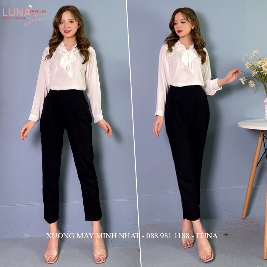 Quần tây công sở nữ khóa sườn xẻ gấu cách điệu dáng baggy vải đen cạp lưng cao đi làm co dãn nhẹ học sinh mặc đẹp
