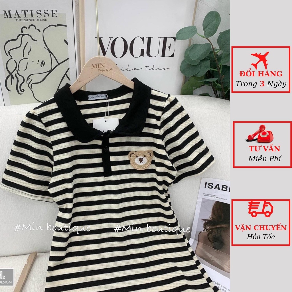 Váy polo len nữ kẻ ngang đen trắng họa tiết gấu dáng ôm body tiểu thư bánh bèo thể thao ulzzang Hàn Quốc