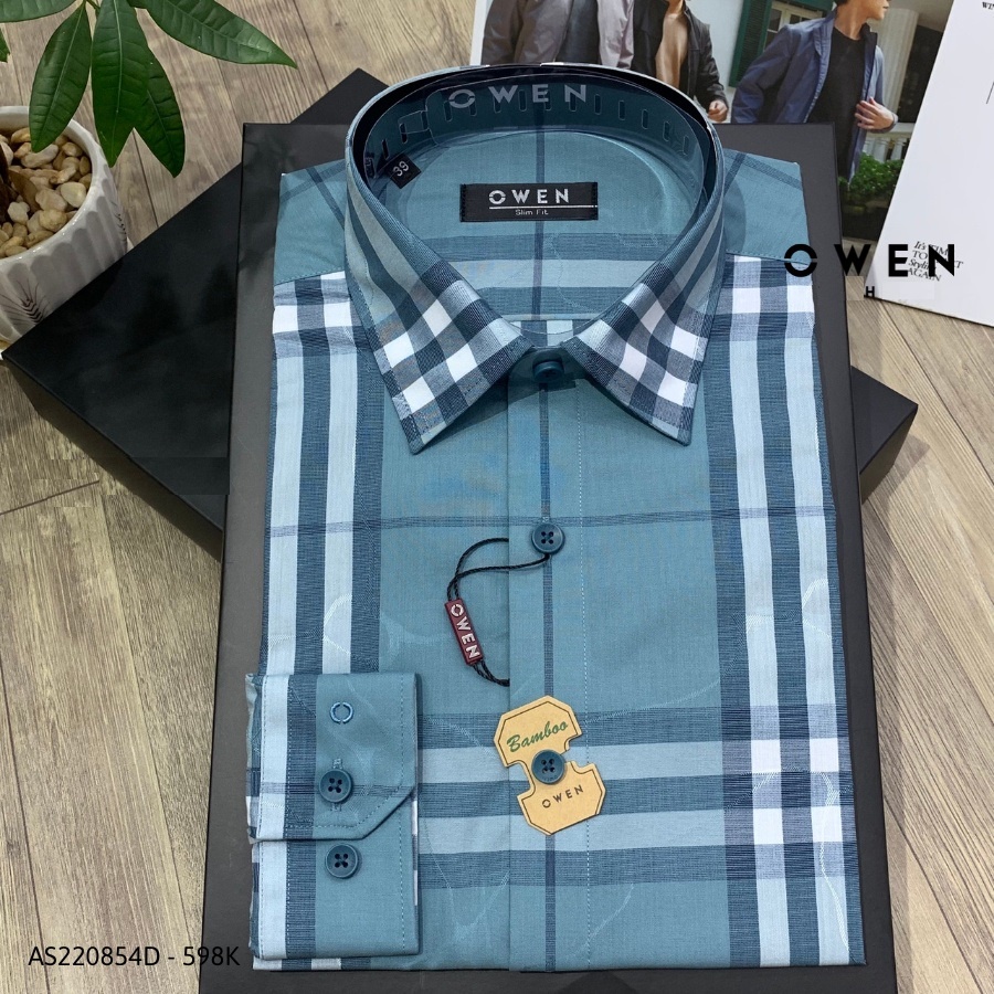 Áo Sơ Mi Nam Dài Tay OWEN AS220854D Somi Công Sở Vải Sợi Tre Cao Cấp Màu Kẻ Caro Lớn Xanh Đậm Dáng Ôm Tà Lượn Không Túi