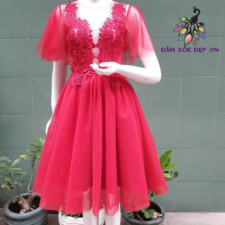 Đầm Ren Xòe Phối Lưới Xẻ Ngực, đầm maxi dự tiệc big size, đầm body đám cưới hở ngực