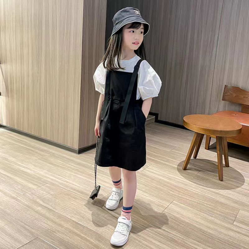 Bộ Áo Sơ Mi Trắng Đen Ngắn Tay Kèm Đầm Yếm Dài Dáng Suông Thời Trang Mùa Hè Cho Bé Gái 9-13 Tuổi