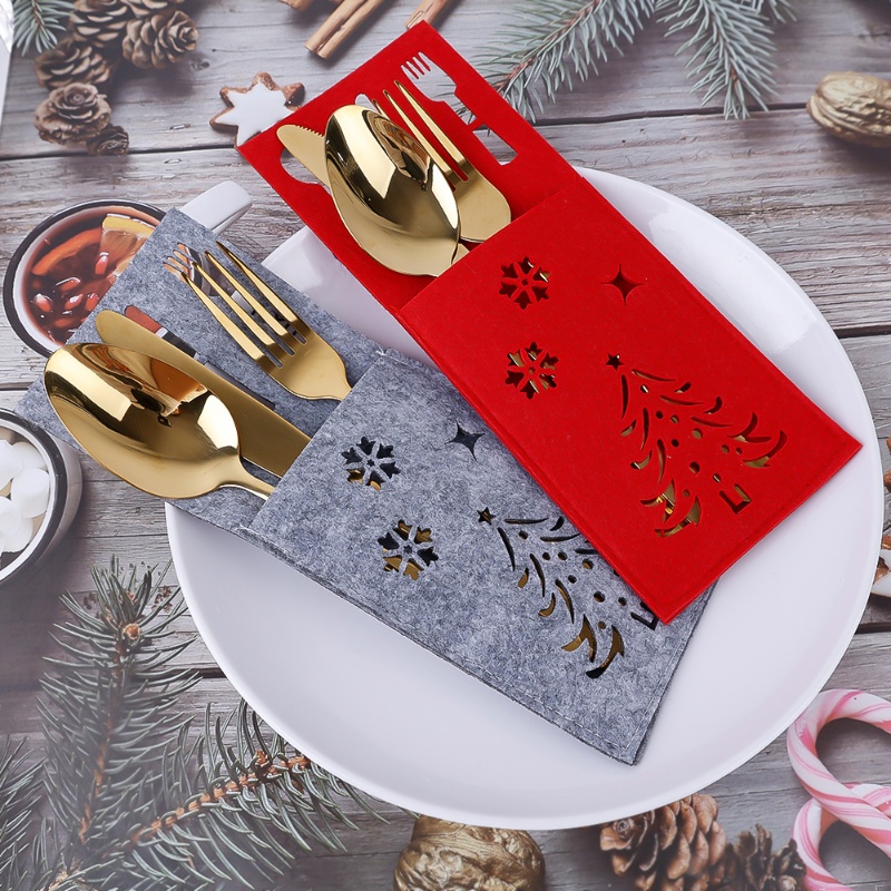 Set 4 Túi Đựng Dao Nĩa Hình Chữ Nhật Bằng Vải Không Dệt Họa Tiết Giáng Sinh / Bông Tuyết Giá Đỡ