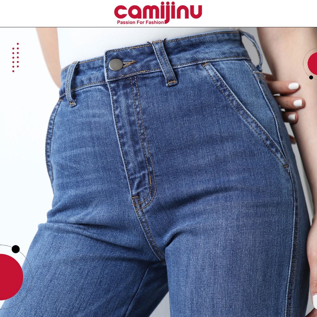 Quần Jeans Nữ Suông Túi Chéo, Gấu To, Dáng Dài Màu Xanh Đậm - Thương Hiệu Camijinu