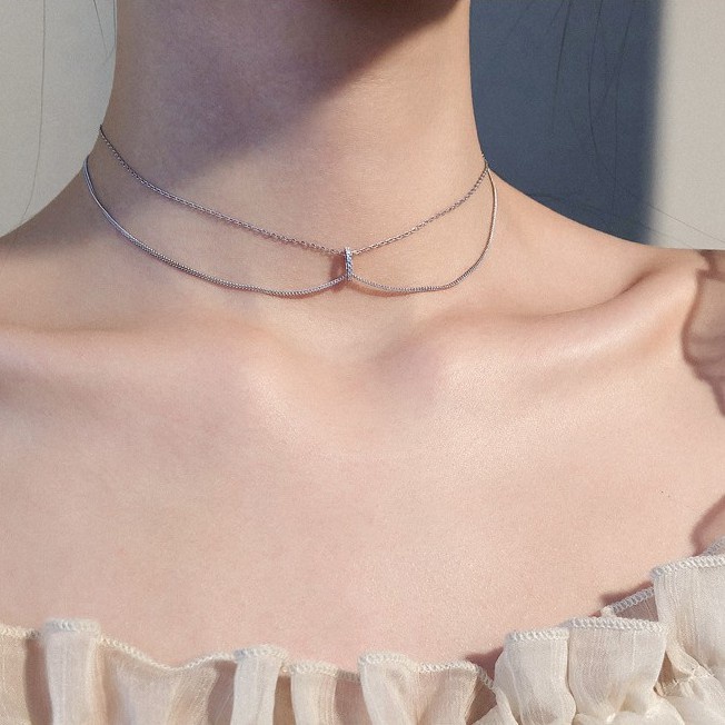 Dây chuyền chocker bạc nữ sợi kép mặt tròn đính đá The Ring sang trọng, xinh xắn | HARMONY ACCESSORIES VC72
